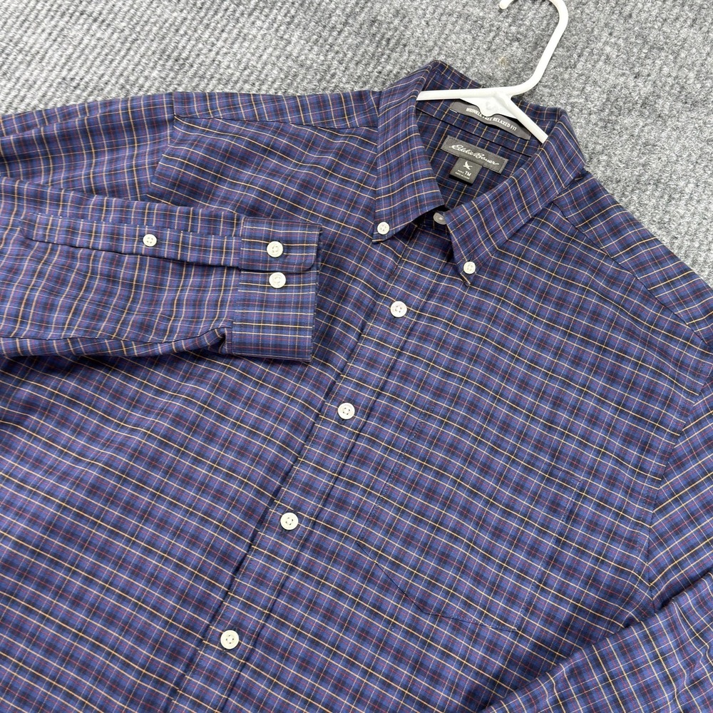 Eddie Bauer Shirt Mens TM Blue Plaid Wrinkle Free Relaxed Fit Button Down Cotton